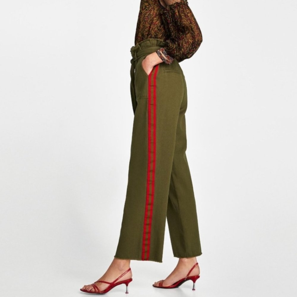 Zara Olive Green Paper Bag Pants w/Red Stripes